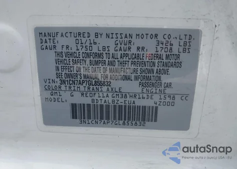 2016 Nissan Versa 1.6 S/1.6 S+/1.6 Sl/1.6 Sv from USA, damaged, VIN 3N1CN7AP7GL855832